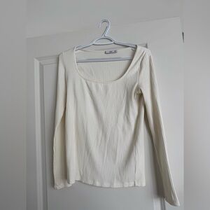Mango Ribbed Scoop Neck Long Sleeve Top - Cream